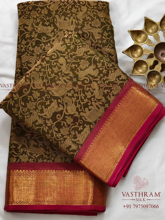 Mehandi Green Colour Cotton Saree With Vanasingaram Thred Woven Motif All Over Code : PC016