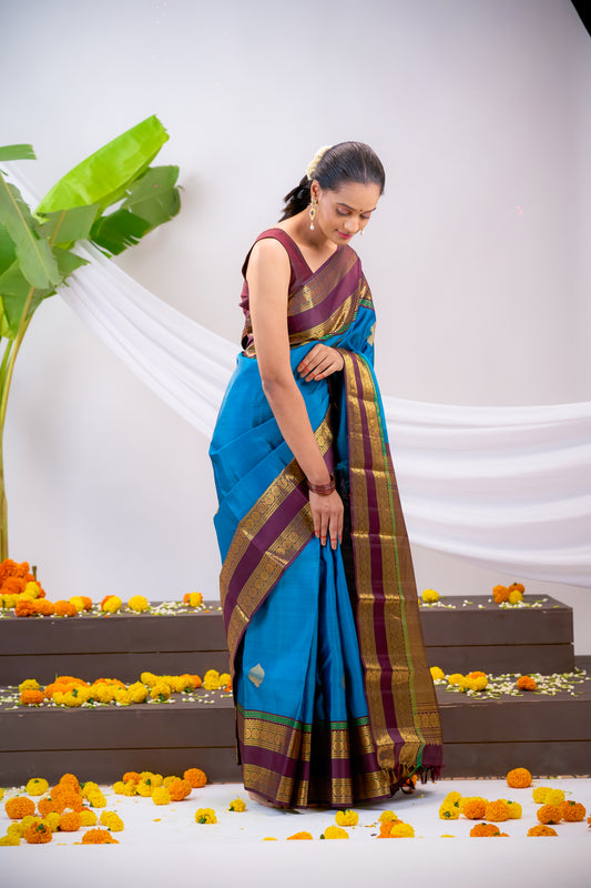 Peacock Blue Colour Kanchivaram Silk Saree With Zari Butta All Over Code : KA025