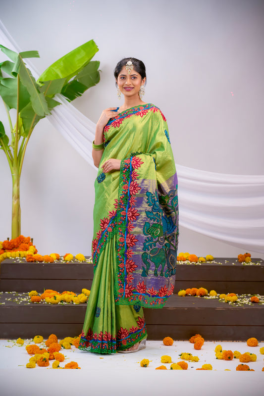 Parrot Green Colour Kalamkari Applique Work All Over Code : KA011