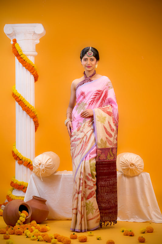 Pink and Cream H/H Kanchivaram Silk Saree With Eco Print All Over