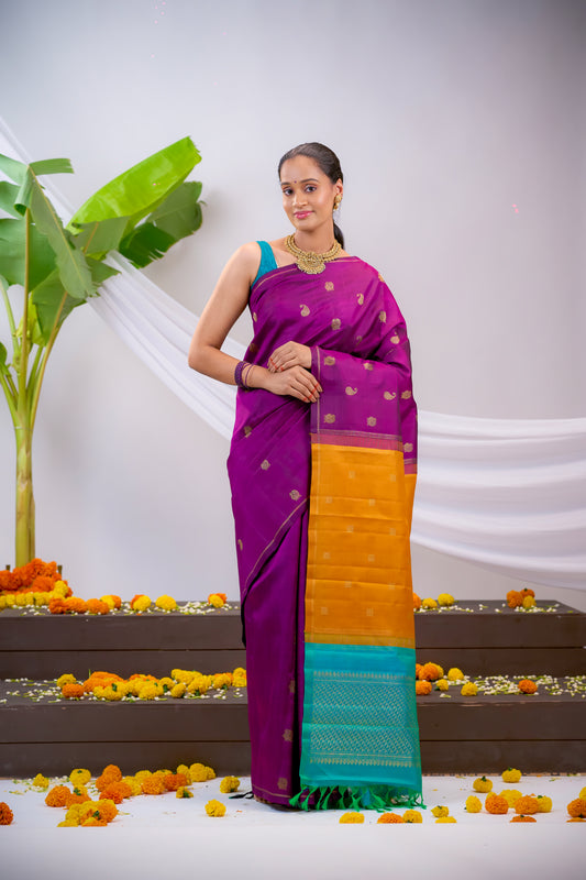 Magenta Colour Pure Silk Pure Zari Kanchivaram Silk Saree With Zari Motif All Over