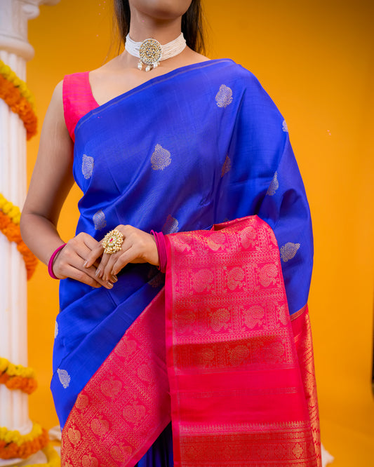 Blue Colour Kanchivaram Silk Saree With Zari Motif