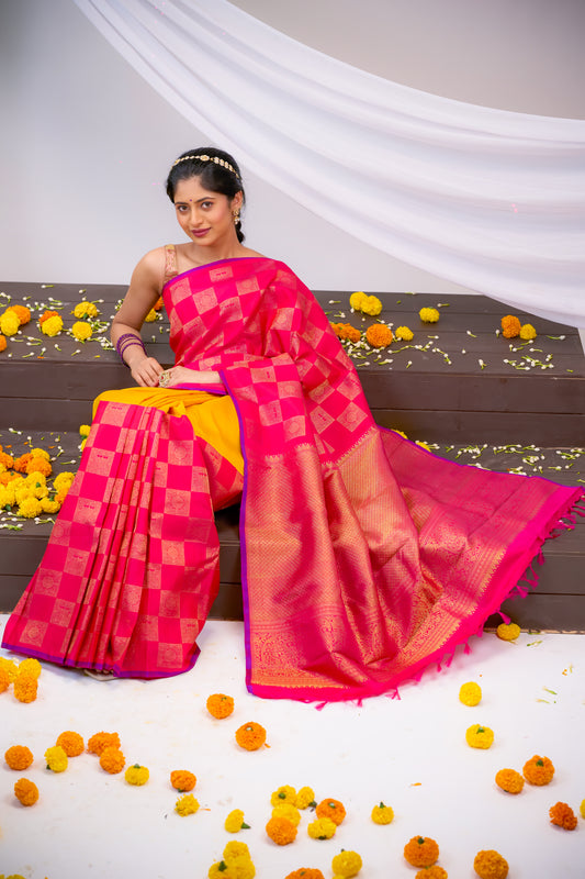 Yellow & Pink Colour Kanchivaram Silk Saree With plain Body