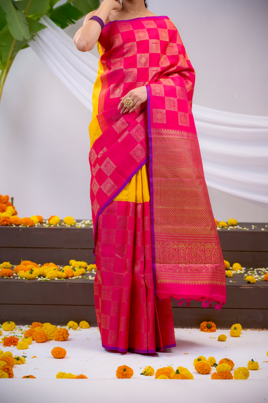 Yellow & Pink Colour Kanchivaram Silk Saree With plain Body