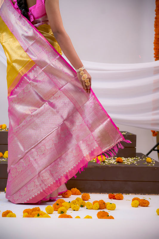 Gold Colour Kanchivaram Silk Saree With Zari Motif All Over