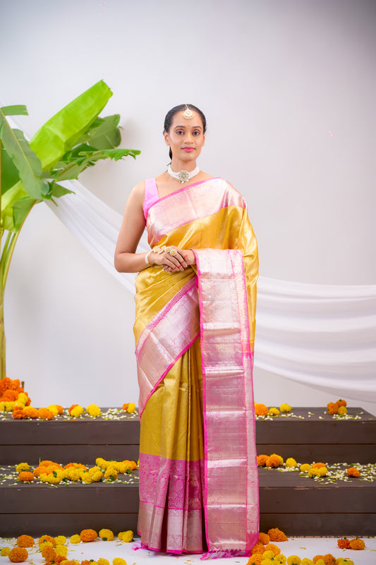 Gold Colour Kanchivaram Silk Saree With Zari Motif All Over