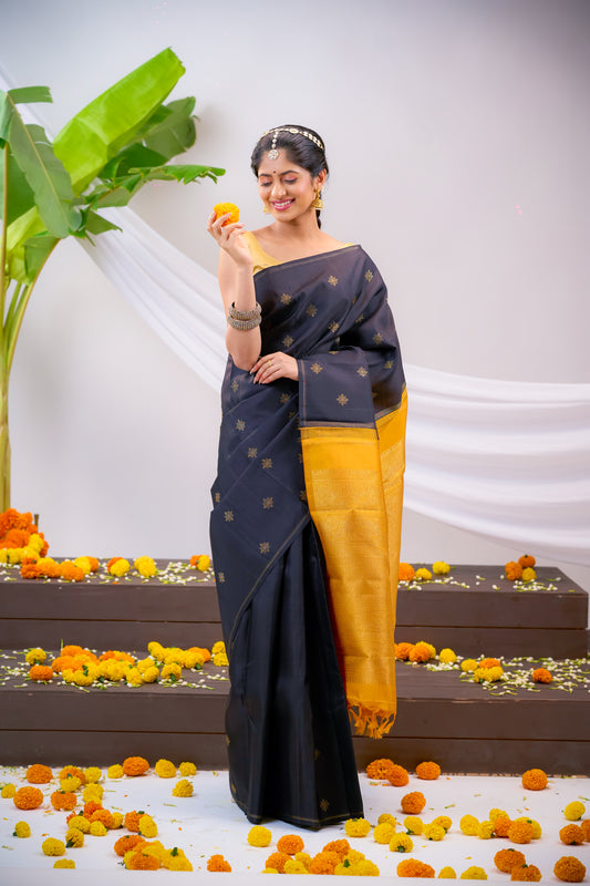 Black Colour Kanchivaram Silk With Zari Motif