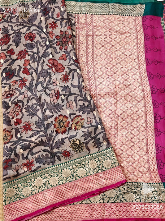 Cream Colour Banarasi Organza Saree With Pen Kalamkari All Over Code : VB0461