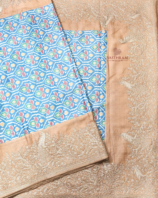 Sky blue colour Ikkat & Tussar silk saree with ikkat weaving all over