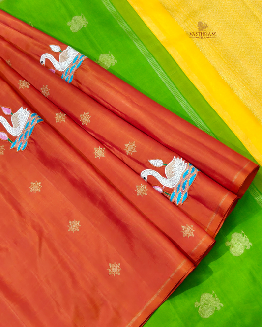 Orange colour pure zari kanchivaram silk saree with kantha applique work & kolam zari butta all over
