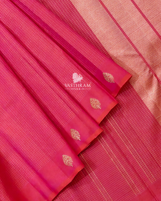 Dual tone orange colour kanchivaram silk saree with zari checks all over