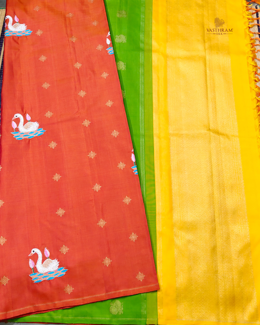 Orange colour pure zari kanchivaram silk saree with kantha applique work & kolam zari butta all over
