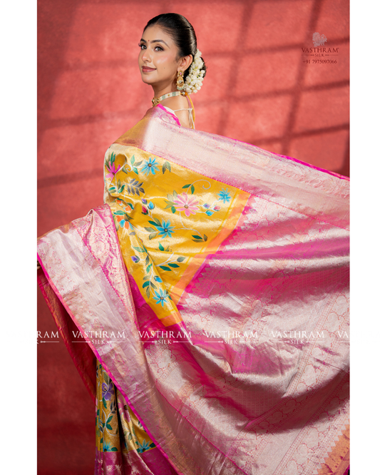 Yellow Colour Tissue Kanchivaram Silk Saree With Hand Paint All Over Code : VA202602