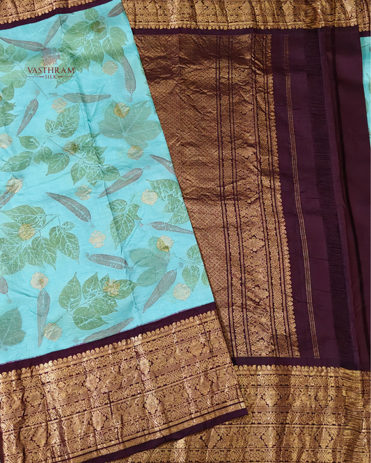 Sea Blue Colour Gadwl Silk Saree With Ecoprint All Over