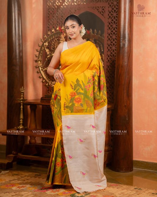 Yellow Colour Pure Zari Kanchivaram Silk Saree With Hand Painting All Over Code : VA202606