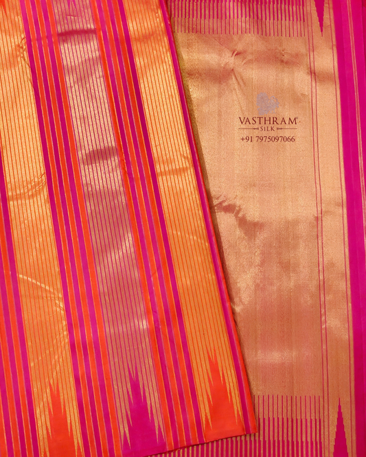 Orange And Pink Colour Kanchivaram Silk Saree With Zari Stripes All Over