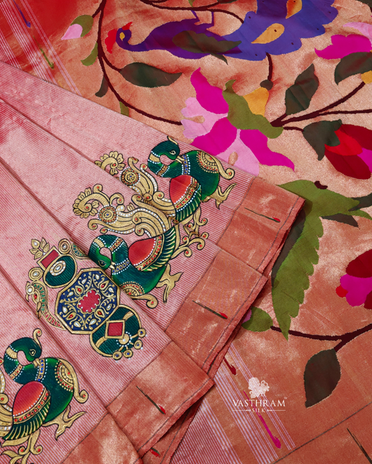 Peach Colour Paithani Saree With Tanjore Painting All Over