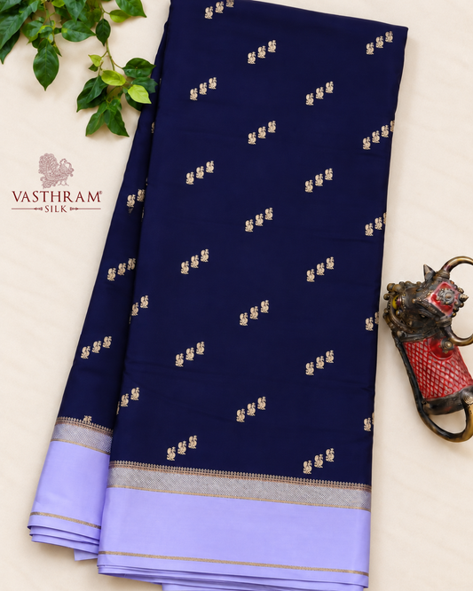 Navy Blue Colour Mysore Crepe Silk With Zari Butta All Over