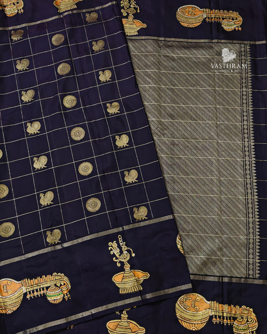 Snuff colour kanchivaram silk saree with peacock & rudraksham butta all over