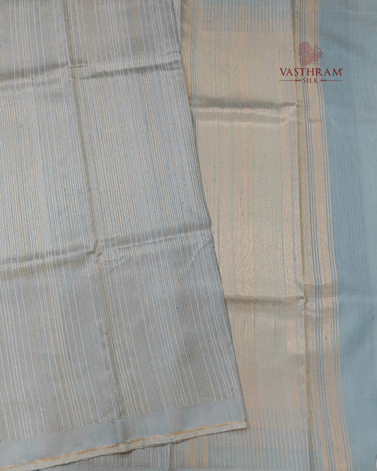 Light Gray Colour Raw Silk Saree With Zari Stripes All Over