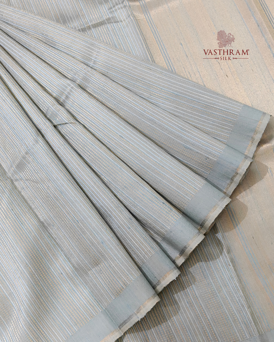Light Gray Colour Raw Silk Saree With Zari Stripes All Over