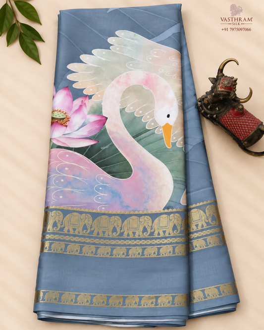 Greyish blue colour mysore crepe silk saree with digital print all over