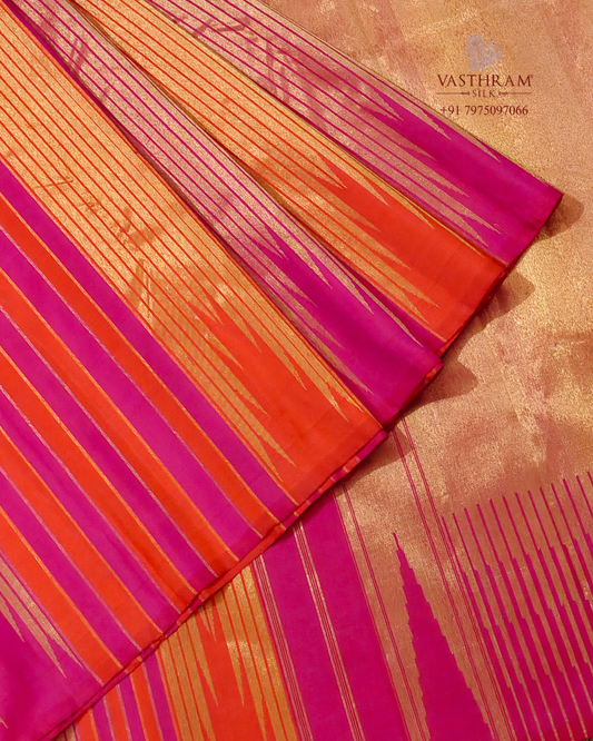 Orange And Pink Colour Kanchivaram Silk Saree With Zari Stripes All Over