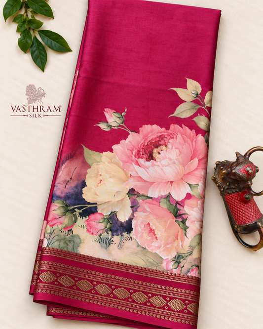Rani Pink Colour Mysore Crepe With Floral Digital Print All Over
