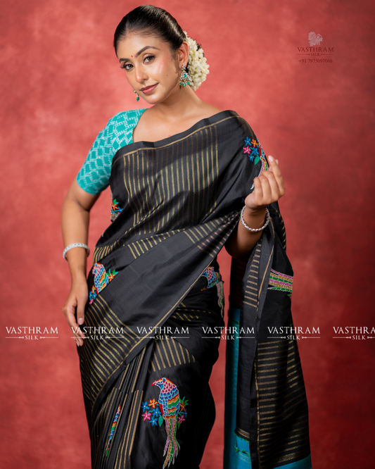 Black Colour Pure Zari Kanchivaram Silk Saree With Zari & Petit Point Embroidery All Over Code :VA202603