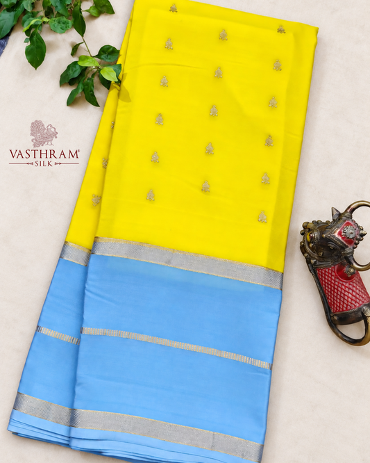 Yellow Colour Mysore Crepe With Zari Buttas All Over
