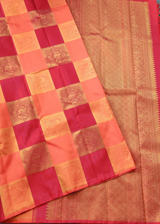 Orange Colour Borderless Kanchivaram Silk Saree With Checks All Over Code : KA0248