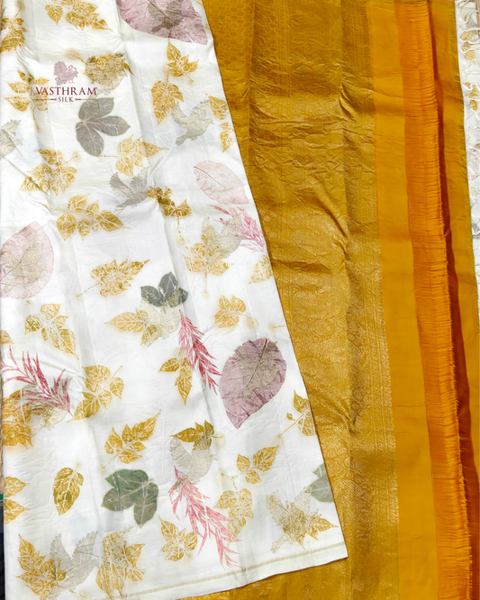 Cream Colour Pure Zari Kanchivaram With Ecoprint All Over