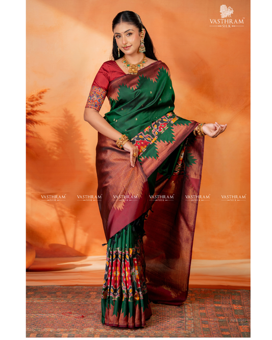 Green colour kanchivaram & ikkat fusion silk saree with zari butta all over