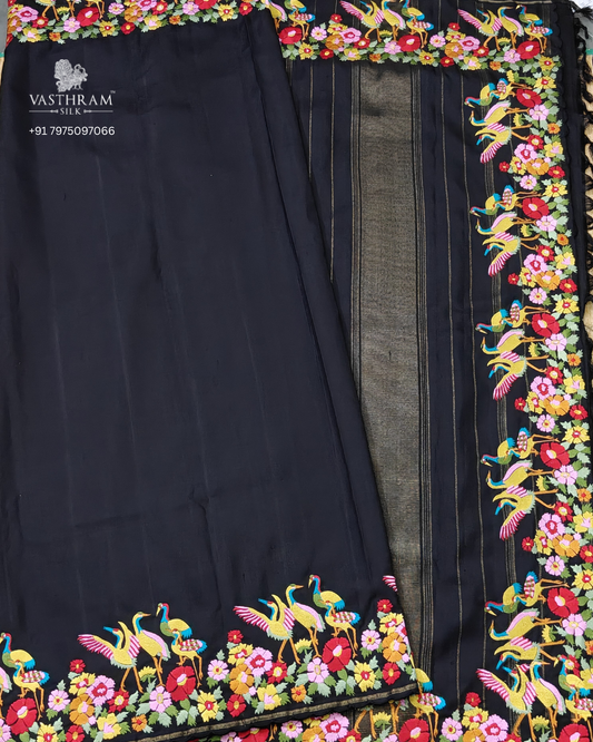 Black Colour Kanchivaram Silk With Embroidery All Over Code : KA0500