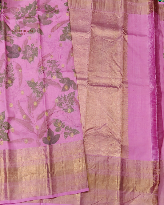 Pink Colour Kanchivaram Silk Saree With Ecoprint All Over