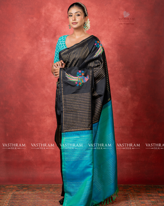 Black Colour Pure Zari Kanchivaram Silk Saree With Zari & Petit Point Embroidery All Over Code :VA202603