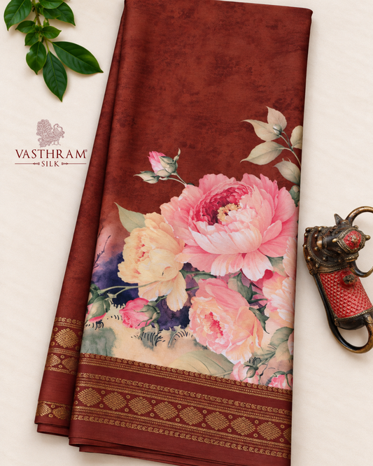 Brown Colour Mysore Crepe Silk Saree With Floral Digital Print All Over