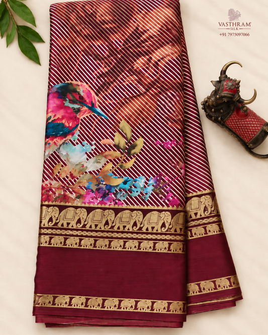 Maroon colour mysore crepe silk saree with digital print all over
