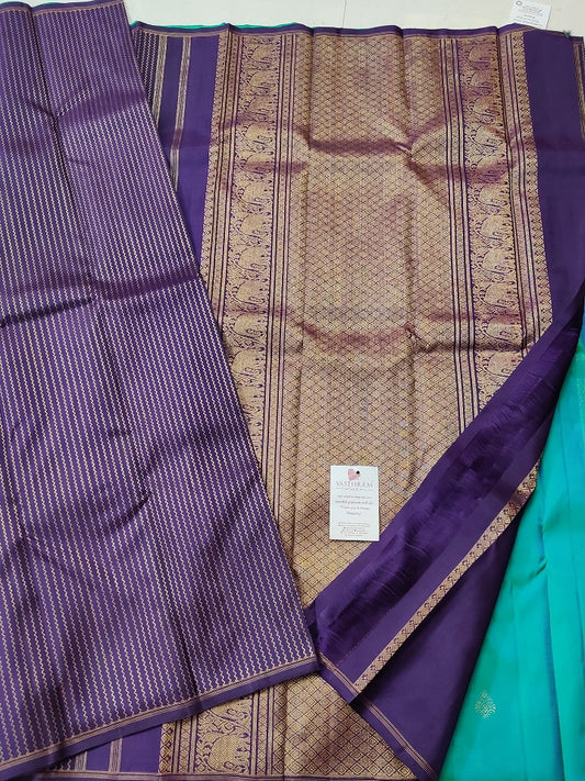 Purple & Turquoise Kanchivaram Silk Saree With Zari Motif