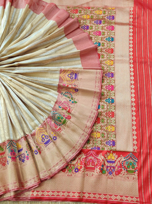 Cream Meenakari Banarasi Silk saree