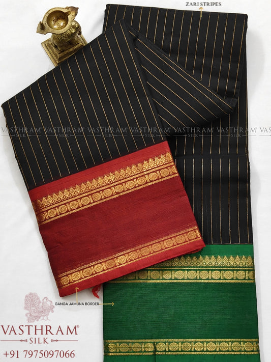Black colour Cotton Saree With Zari Strips All Over Code : PC007