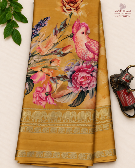 Mustard yellow colour mysore crepe silk saree with digital print all over