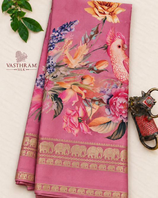 Baby Pink Colour Mysore Crepe Silk Saree With Digital Print All Over