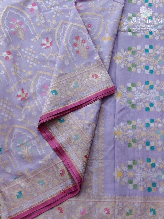Lavender Colour Cotton Banarasi Saree With Zari & Thread Woven Motif All Over Code : VB0506