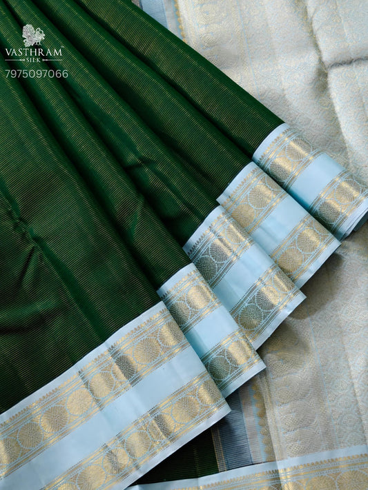 Green Colour Kanchivaram Silk Saree With Zari Stripes All Over :  KA0442