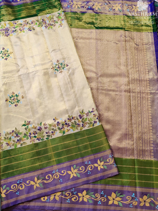 Gold Colour Kanchivaram Silk Saree With Hand Painting All Over Code : KA0459