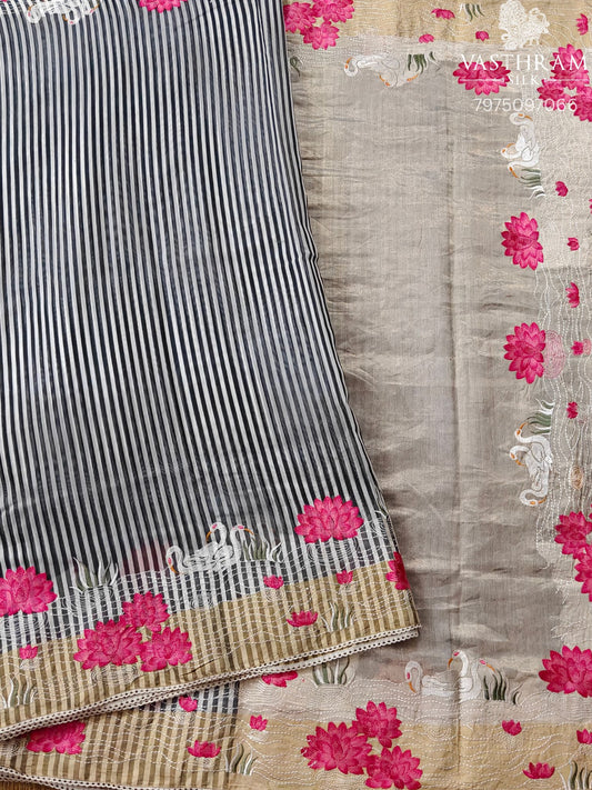 Black & White Colour Chanderi Silk Saree With Stripes All Over Code : CH007