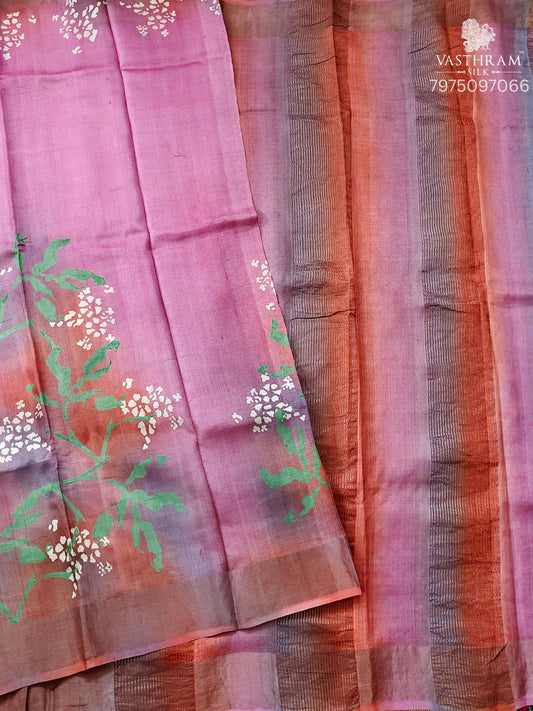 Baby Pink Colour Tussar Silk Saree With Digital Print All Over Code : KT039