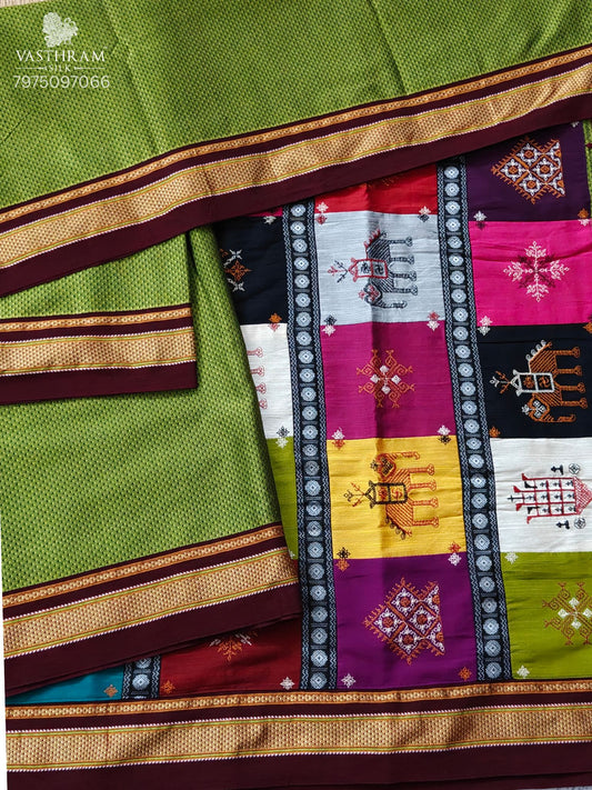 Parrot Green Colour Ilkal Saree With Plain Body Code : VB0535