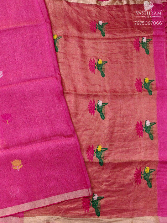 Rani Pink Tissue Line Saree With Floral Thread Woven Motif All Over Code : VB0536